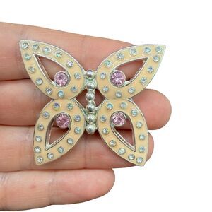 Vintage Pink Enamel Butterfly Brooch Rhinestone Butterfly Pin